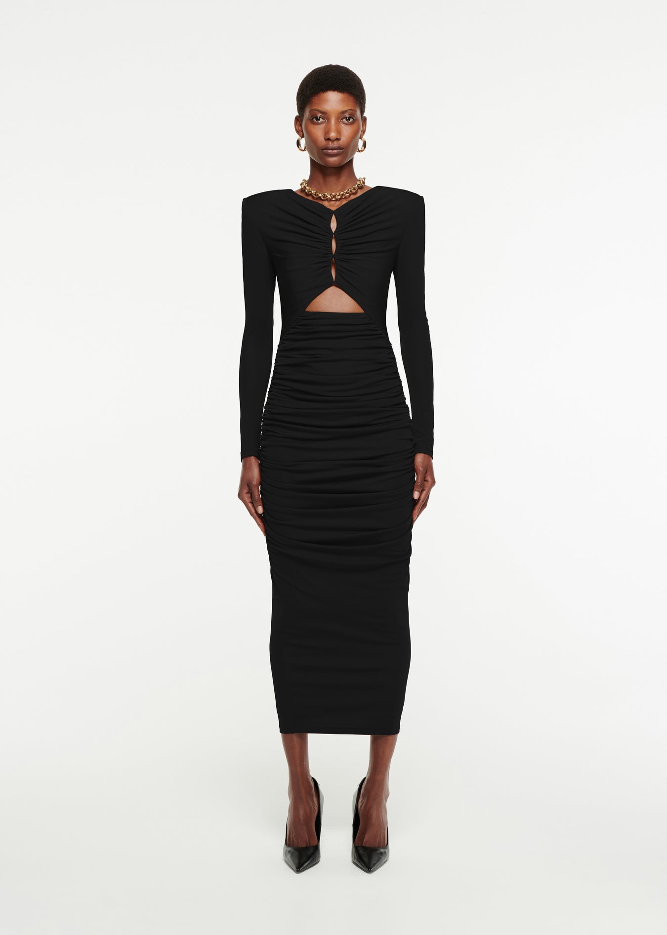 Woman wearing the Long Sleeve Ruched Jersey Midi Dress in Black 