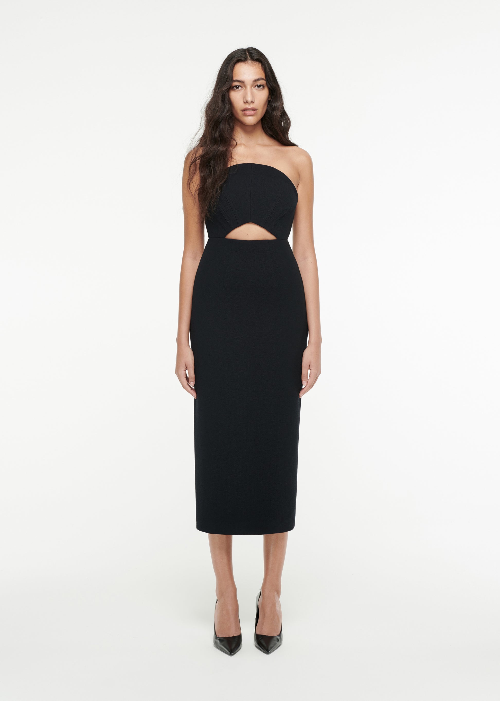 Woman wearing the Strapless Moon Midi Dress in Black 