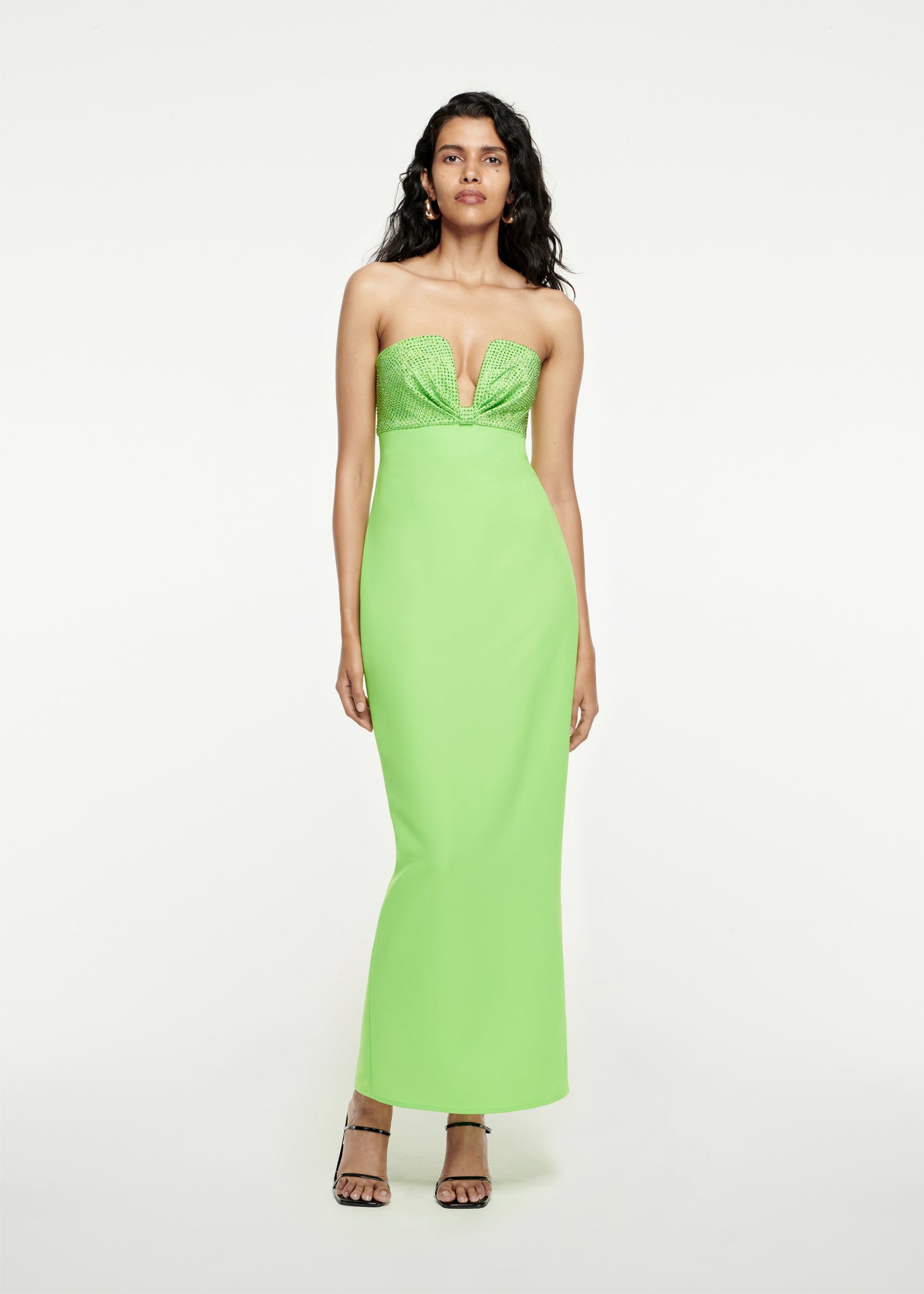 Woman wearing the Diamante Stretch-Cady Maxi Dress in Green