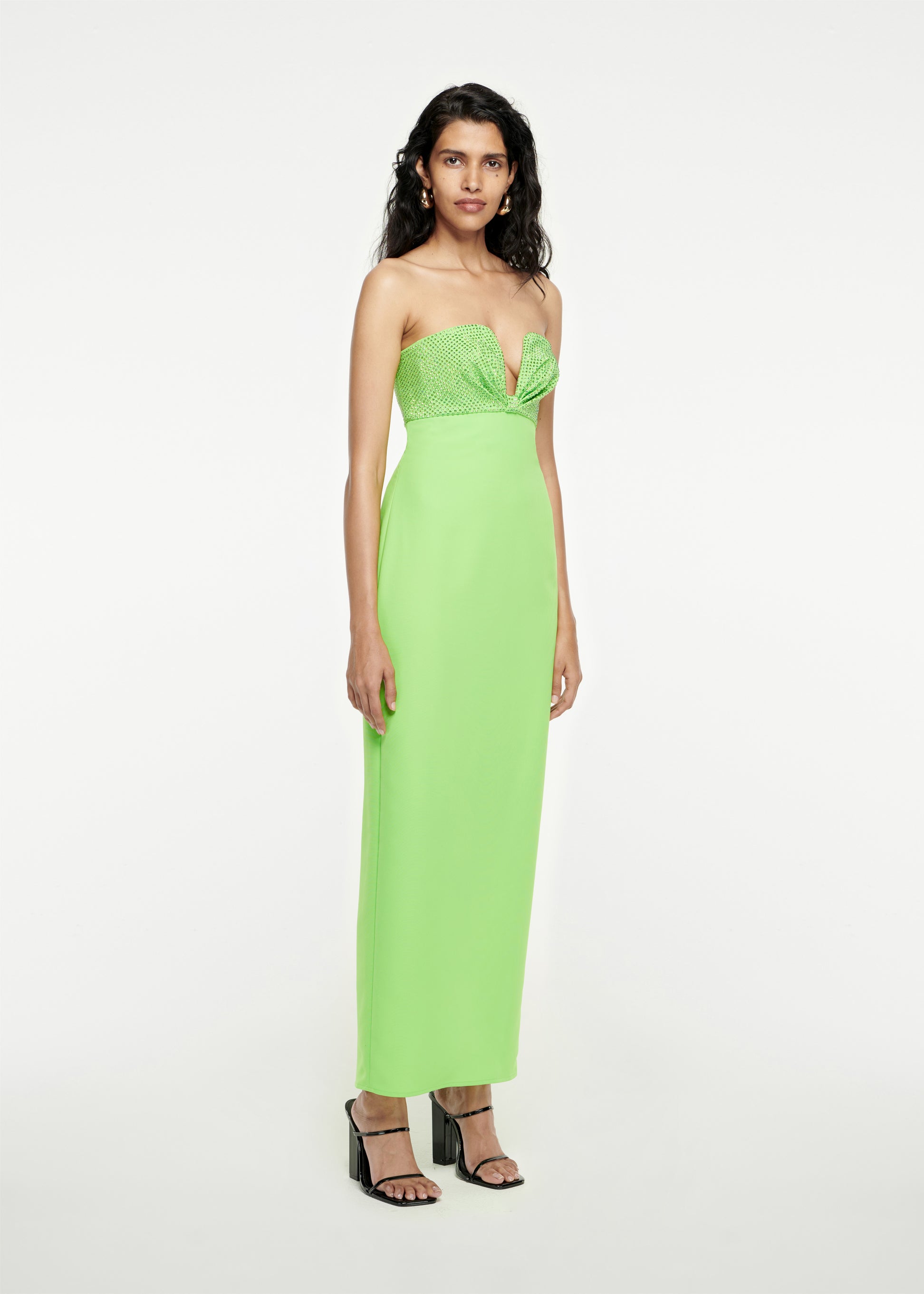 Woman wearing the Diamante Stretch-Cady Maxi Dress in Green