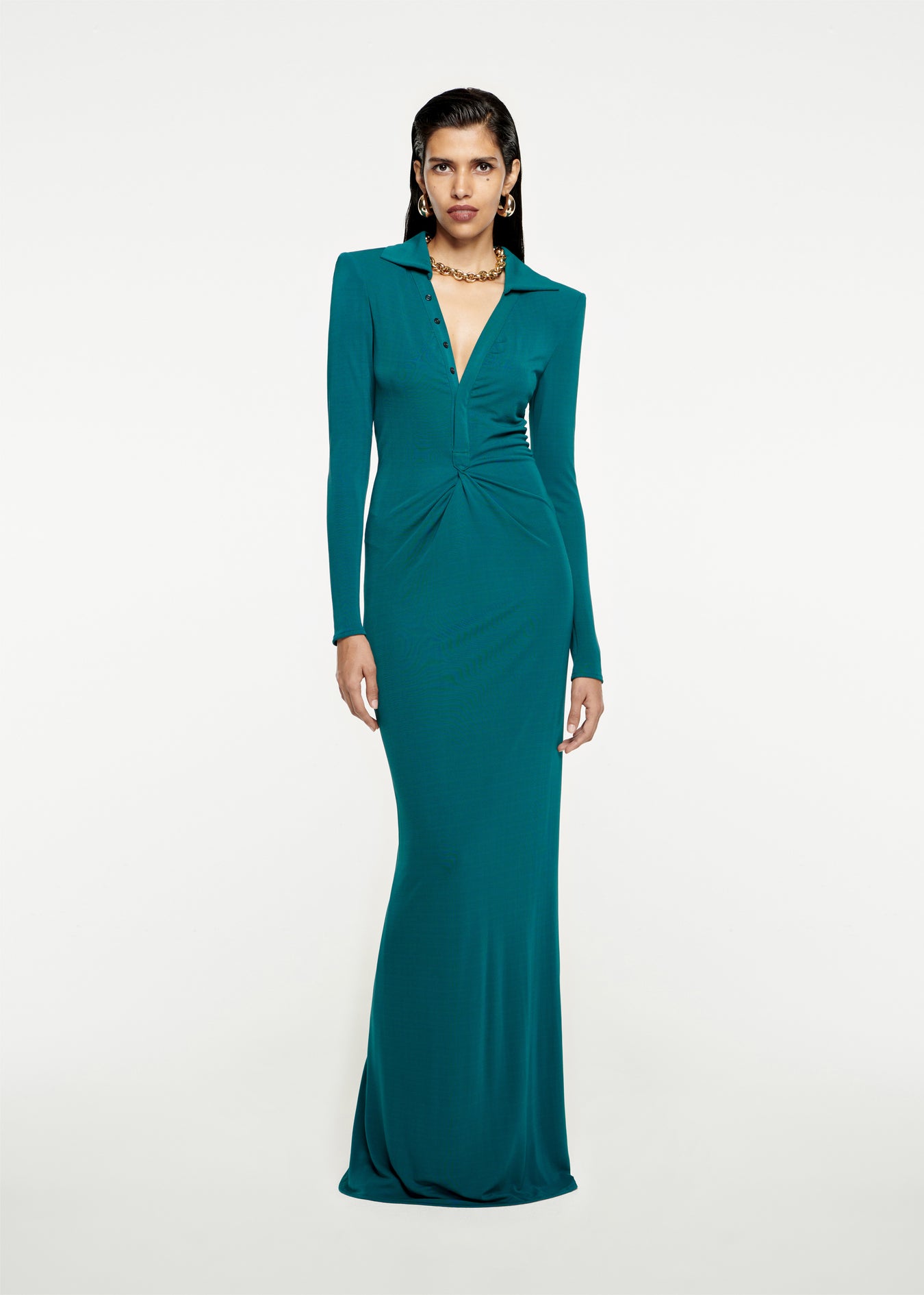 Woman wearing the Long Sleeve Jersey Maxi Dress Dark in Green 