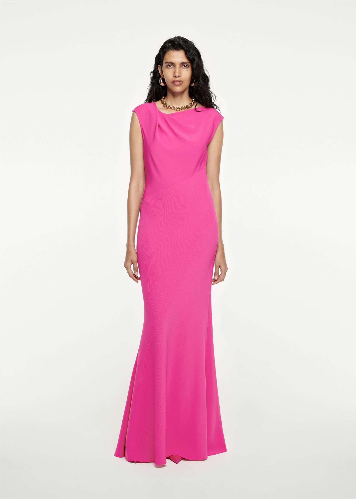 Woman wearing the Stretch-Cady Maxi Dress in Pink