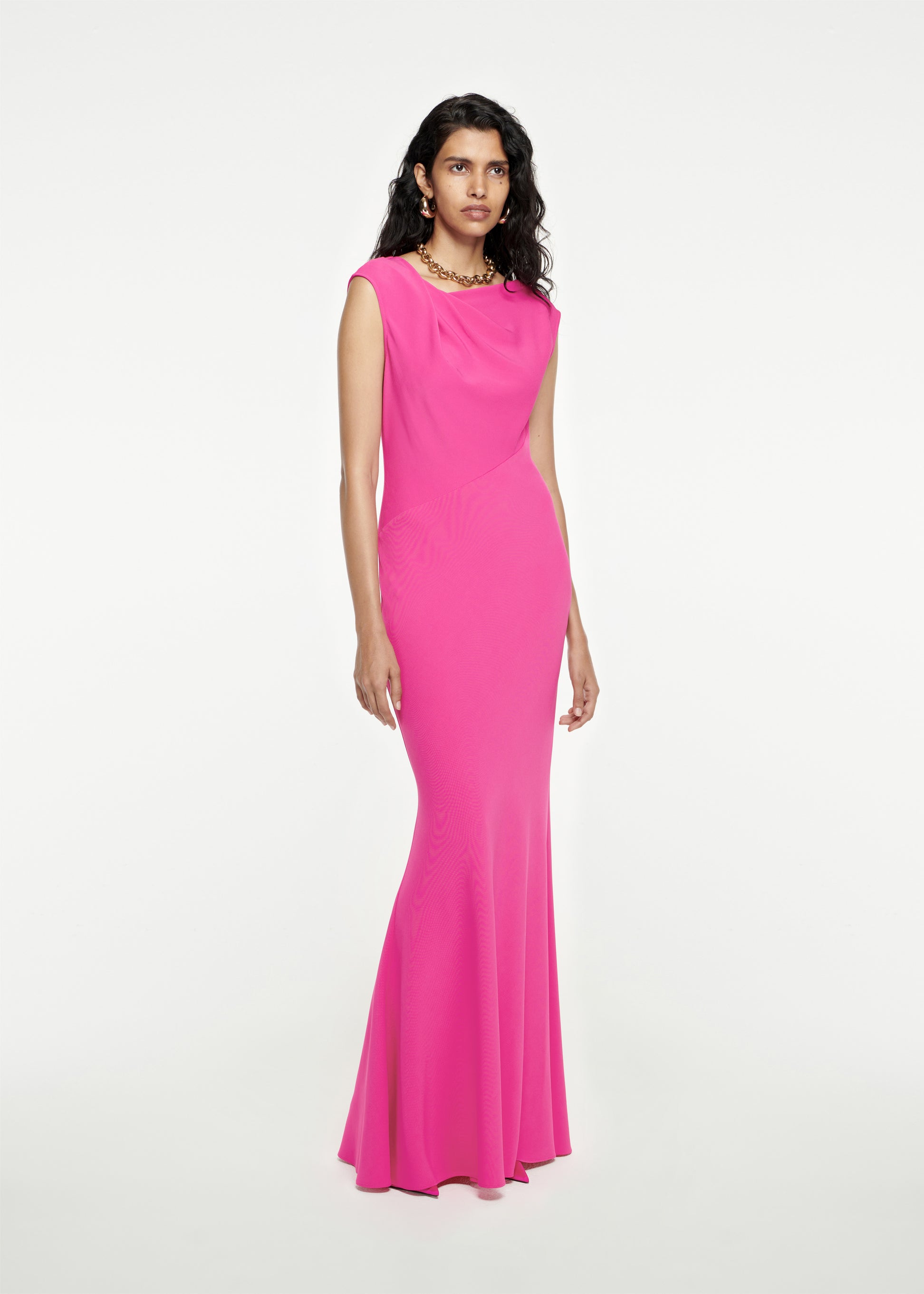 Woman wearing the Stretch-Cady Maxi Dress in Pink